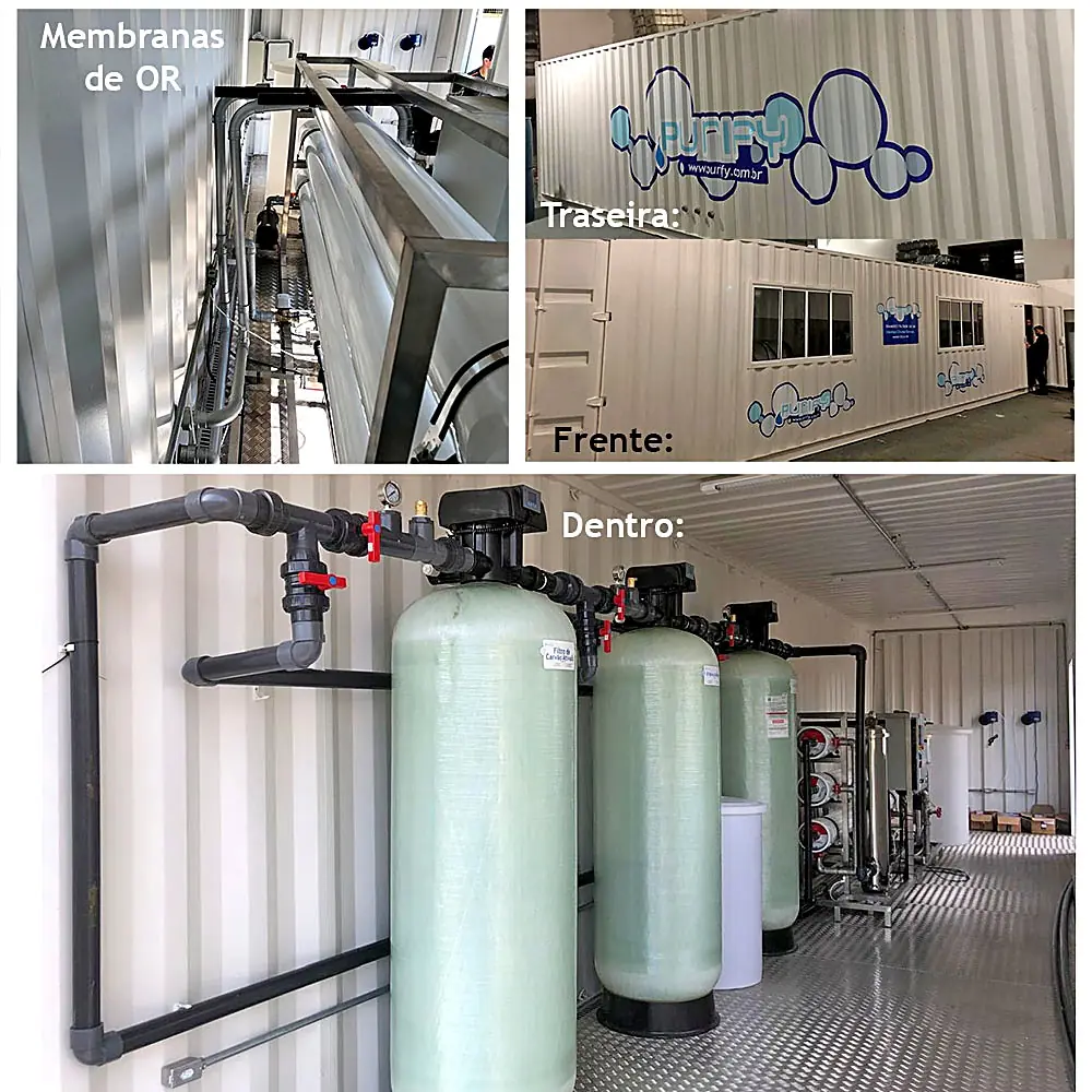 Osmose reversa industrial de 7 m³/h montada em contêiner: vista traseira, frontal e interna, com vasos de membranas e filtros.